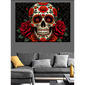 Güller İçinde Şeker Kafatası Dekoratif Kanvas - Mdf Ahşap Tablo 70x100 cm