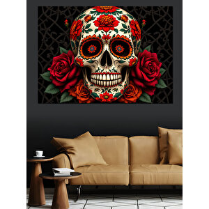 Güller İçinde Şeker Kafatası Dekoratif Kanvas - Mdf Ahşap Tablo 70x100 cm
