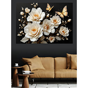 Beyaz Ve Altın Güller Dekoratif Kanvas - Mdf Ahşap Tablo 100x140 cm