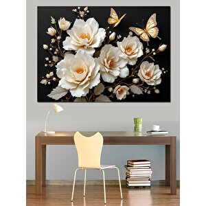 Beyaz Ve Altın Güller Dekoratif Kanvas - Mdf Ahşap Tablo 70x100 cm