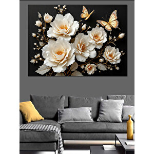 Beyaz Ve Altın Güller Dekoratif Kanvas - Mdf Ahşap Tablo 70x100 cm