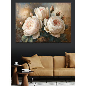 Altın Işıltılı Beyaz Güller Dekoratif Kanvas - Mdf Ahşap Tablo 100x140 cm