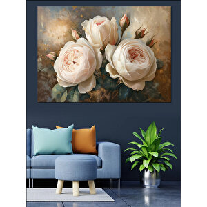 Altın Işıltılı Beyaz Güller Dekoratif Kanvas - Mdf Ahşap Tablo 100x140 cm