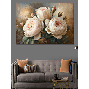 Altın Işıltılı Beyaz Güller Dekoratif Kanvas - Mdf Ahşap Tablo 100x140 cm