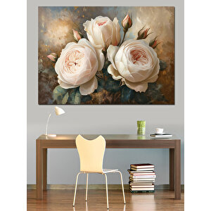 Altın Işıltılı Beyaz Güller Dekoratif Kanvas - Mdf Ahşap Tablo