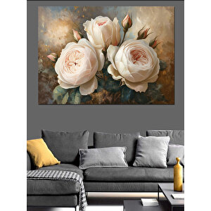 Altın Işıltılı Beyaz Güller Dekoratif Kanvas - Mdf Ahşap Tablo