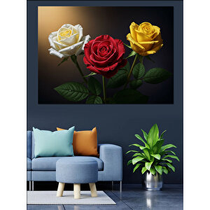 Üç Renkli Güller Dekoratif Kanvas - Mdf Ahşap Tablo 50x70 cm