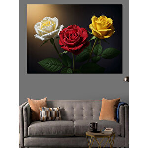 Üç Renkli Güller Dekoratif Kanvas - Mdf Ahşap Tablo 35x50 cm