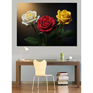 Üç Renkli Güller Dekoratif Kanvas - Mdf Ahşap Tablo 35x50 cm