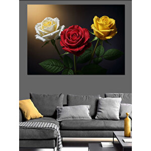 Üç Renkli Güller Dekoratif Kanvas - Mdf Ahşap Tablo