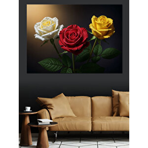 Üç Renkli Güller Dekoratif Kanvas - Mdf Ahşap Tablo