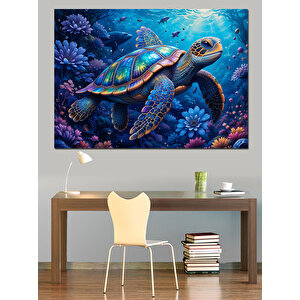 Okyanusta Yüzen Renkli Kaplumbağa Dekoratif Kanvas - Mdf Ahşap Tablo