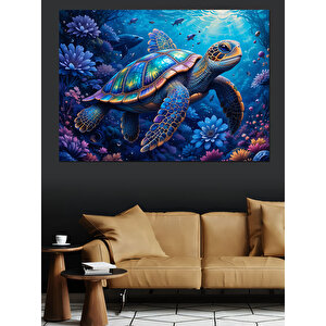 Okyanusta Yüzen Renkli Kaplumbağa Dekoratif Kanvas - Mdf Ahşap Tablo 100x140 cm