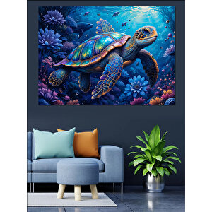 Okyanusta Yüzen Renkli Kaplumbağa Dekoratif Kanvas - Mdf Ahşap Tablo 100x140 cm