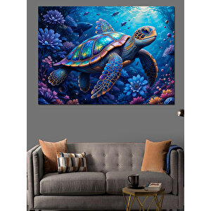 Okyanusta Yüzen Renkli Kaplumbağa Dekoratif Kanvas - Mdf Ahşap Tablo 100x140 cm