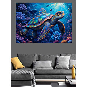 Okyanusta Yüzen Renkli Kaplumbağa Dekoratif Kanvas - Mdf Ahşap Tablo