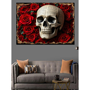 Güllerle Kafatası Sanatı Dekoratif Kanvas - Mdf Ahşap Tablo