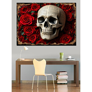 Güllerle Kafatası Sanatı Dekoratif Kanvas - Mdf Ahşap Tablo