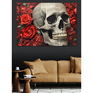 Kırmızı Güller Ve Kuru Kafa Dekoratif Kanvas - Mdf Ahşap Tablo 70x100 cm