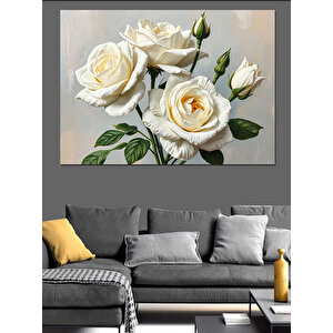Beyaz Güllerle Zarif Kompozisyon Dekoratif Kanvas - Mdf Ahşap Tablo
