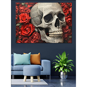 Kırmızı Güller Ve Kuru Kafa Dekoratif Kanvas - Mdf Ahşap Tablo 35x50 cm