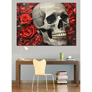 Kırmızı Güller Ve Kuru Kafa Dekoratif Kanvas - Mdf Ahşap Tablo