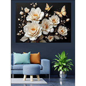 Beyaz Ve Altın Güller Dekoratif Kanvas - Mdf Ahşap Tablo