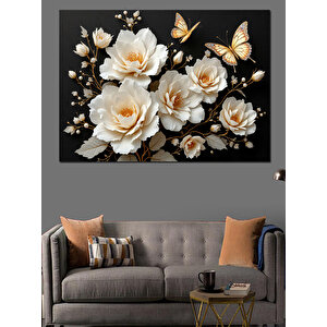 Beyaz Ve Altın Güller Dekoratif Kanvas - Mdf Ahşap Tablo