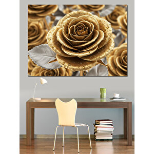 Altın Renkli Güller Dekoratif Kanvas - Mdf Ahşap Tablo