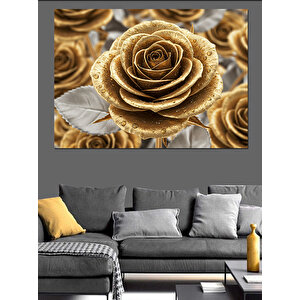 Altın Renkli Güller Dekoratif Kanvas - Mdf Ahşap Tablo