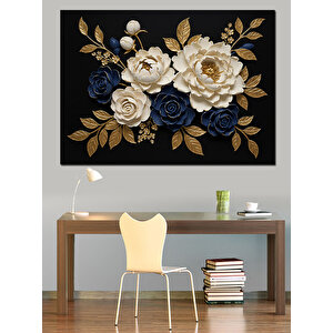 Altın Detaylı Siyah Güller Dekoratif Kanvas - Mdf Ahşap Tablo 50x70 cm