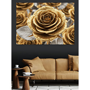 Altın Renkli Güller Dekoratif Kanvas - Mdf Ahşap Tablo 100x140 cm