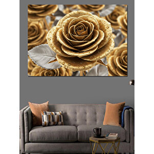 Altın Renkli Güller Dekoratif Kanvas - Mdf Ahşap Tablo 100x140 cm