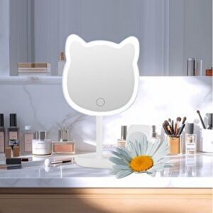 Kedi Led Işıklı Dokunmatik Makyaj Aynası, Beyaz, 27x17