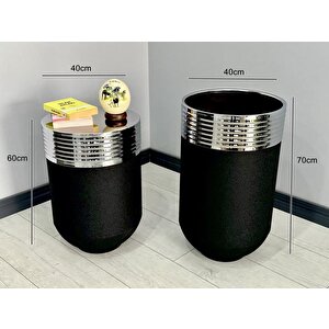 Elegant Dekoratif Krom Darbuka Siyah Saksı 70cm + Sehpa 60cm İkili Set