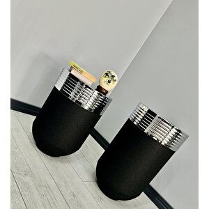 Elegant Dekoratif Krom Darbuka Siyah Saksı 70cm + Sehpa 60cm İkili Set