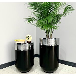Elegant Dekoratif Krom Darbuka Parlak Siyah Saksı 70cm + Sehpa 60cm İkili Set