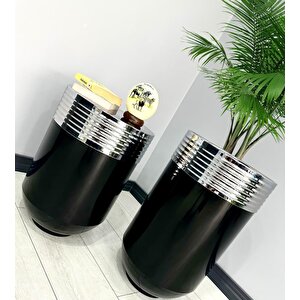 Elegant Dekoratif Krom Darbuka Parlak Siyah Saksı 70cm + Sehpa 60cm İkili Set