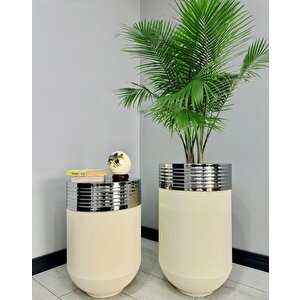 Elegant Dekoratif Krom Darbuka Krem Saksı 70cm + Sehpa 60cm İkili Set Elgntbyzsetkrm