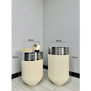 Elegant Dekoratif Krom Darbuka Krem Saksı 70cm + Sehpa 60cm İkili Set Elgntbyzsetkrm