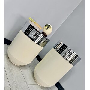 Elegant Dekoratif Krom Darbuka Krem Saksı 70cm + Sehpa 60cm İkili Set Elgntbyzsetkrm