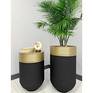 Elegant Dekoratif Eskitme Darbuka Siyah Saksı 70cm + Sehpa 60cm İkili Set