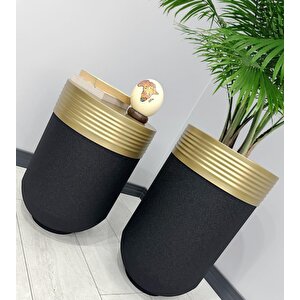 Elegant Dekoratif Eskitme Darbuka Siyah Saksı 70cm + Sehpa 60cm İkili Set