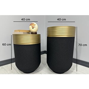 Elegant Dekoratif Eskitme Darbuka Siyah Saksı 70cm + Sehpa 60cm İkili Set