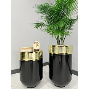 Elegant Dekoratif Gold Darbuka Parlak Siyah Saksı 70cm + Sehpa 60cm İkili Set