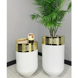 Elegant Dekoratif Gold Darbuka Parlak Beyaz Saksı 70cm + 60cm Sehpa İkili Set