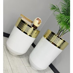 Elegant Dekoratif Gold Darbuka Parlak Beyaz Saksı 70cm + 60cm Sehpa İkili Set