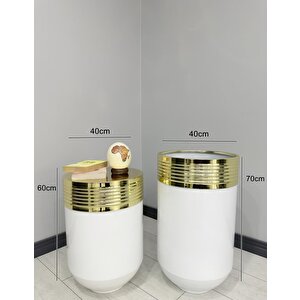 Elegant Dekoratif Gold Darbuka Parlak Beyaz Saksı 70cm + 60cm Sehpa İkili Set