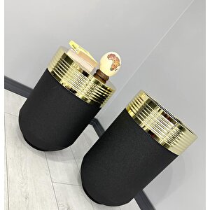 Elegant Dekoratif Gold Darbuka Siyah Saksı 70cm + Sehpa 60cm İkili Set