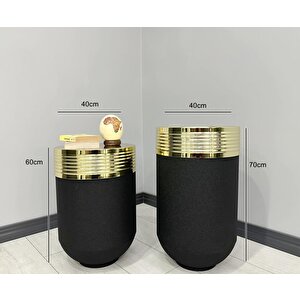 Elegant Dekoratif Gold Darbuka Siyah Saksı 70cm + Sehpa 60cm İkili Set